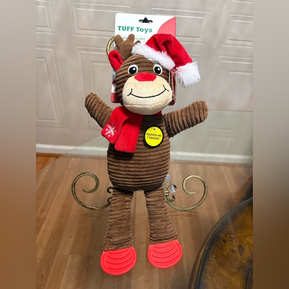 Jmle  tuff Very Durable Christmas  Reindeer 15” With Hat Dog Toy With Squeaker
